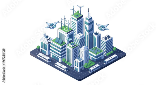 Modern city skyline with sustainable buildings and futuristic vehicles demonstrating smart urban development and clean energy technologies