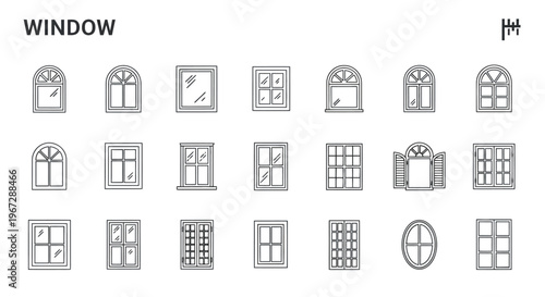 Collection of diverse window frame designs in a linear graphic style