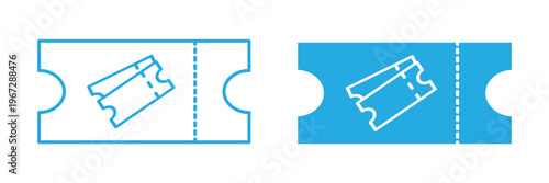 A simple black and white line art illustration featuring a stack of two classic admission tickets. Ticket Icon Set Minimal Event Admission Stub. for Booking Entry Pass, Cinema Concert Access Symbol. 