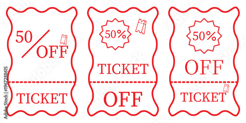 Discount Coupon Ticket Icon Set. 50 Percent Off, Sale Voucher Label with Wavy Edge Outline Vector Illustration for Shopping Promotion, Retail Offer Badge. Discount Sale Ticket Percentage Icon Set