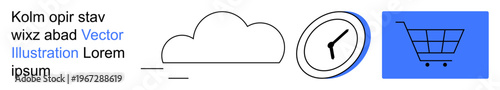 Cloud computing, time tracking, e-commerce, online shopping, digital business, cloud storage. Minimalist cloud, clock and shopping cart icons. Cloud computing and time tracking