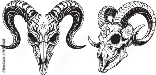 Ram Skull Vector Set with Horns, Gothic Animal Skull Tattoo Style Illustration Satan Tattoo