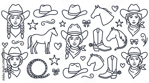 Cowgirl and western accessories collection with horse and boot icons.