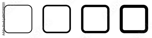 Set of black empty square frame icons with rounded corners and different stroke weights. Minimalist graphic elements for interface buttons or checkboxes. Vector illustration.