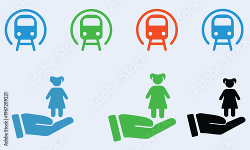 Colorful Train Icons and Caring Hands Holding Child Silhouettes