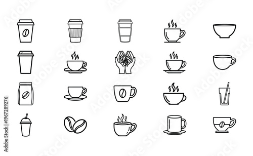 Comprehensive Coffee Icon Collection Featuring Disposable Cups Ceramic Mugs Roasted Beans and Coffee Bags in Clean Black Line Art Style for Cafe Branding Menu Design and Web Graphics