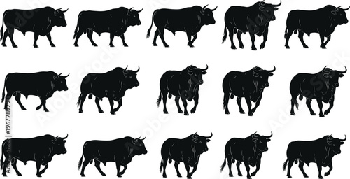 Collection of Bull Silhouette Vector Icons Featuring Strong Male Cattle in Various Standing and Walking Poses for Farm or Sport