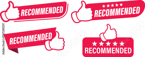 A creative set of recommendation badge vector templates. Recommendation tag designs featuring a thumbs up, a collection of the best products, guaranteed quality, and a warranty.