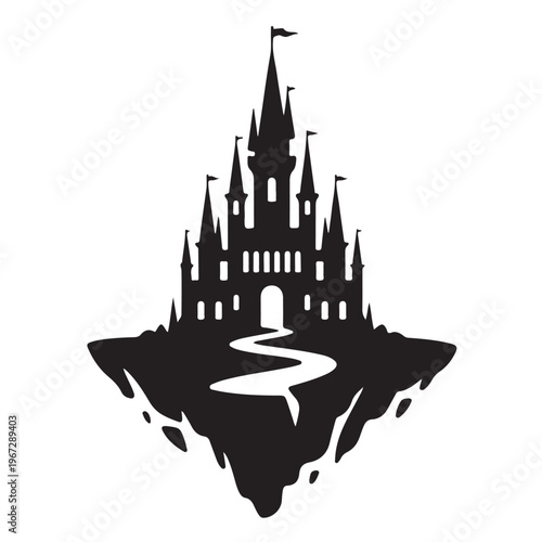 Medieval castle on floating island mystical kingdom illustration design