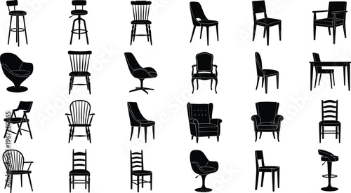 Collection of Furniture Silhouette Vector Icons Featuring Various Chairs Bar Stools Armchairs and Dining Seats in Modern and Vintage Styles