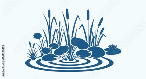 Blue cattail and lily pad illustration.
