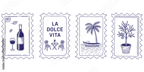 Title:La Dolce Vita Stamp Collection Featuring Wine Palm Tree and Potted PlantKeywords:la dolce vita, stamp, postage stamp, wine