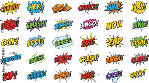 Vector illustration of colorful comic sound effect words with dynamic bursts, clouds, and motion lines
