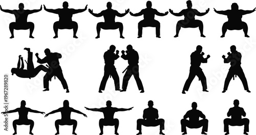 Collection of Sumo Wrestler and Martial Arts Silhouettes Featuring Traditional Poses Combat Stances and Squats in Black and White Vector