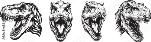 Tyrannosaurus Rex Head Vector Set, Dinosaur Skull and Roaring Face Illustration Tattoo