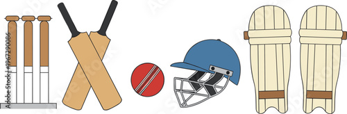 Vector illustration of cricket equipment including bats, ball, helmet, stumps, and leg pads in sports style