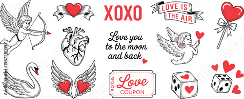 Valentines Day Icons Cupid Heart Swan Dice Love Coupon and XOXO Text Keywords:valentines day, cupid, heart, xoxo, love is in