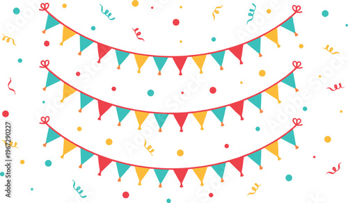 Vector illustration of festive pennant flags with bows, confetti, and streamers in colorful celebration style