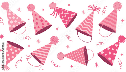 A festive illustration of pink party hats and decorations on white background