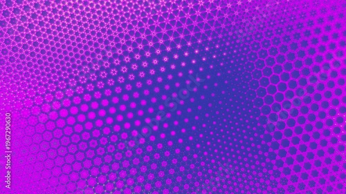 Purple blue geometric animation with circles transforming into hexagonal patterns. Neon glowing modern background with dynamic symmetry seamless loop