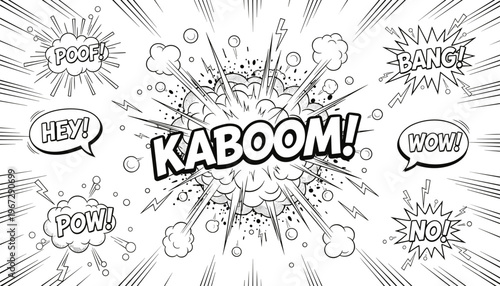 Black and white vector illustration of comic explosion with sound effects symbolizing energy, action, and expressive communication