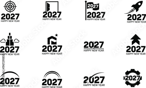 Black and white vector illustration of New Year 2027 logos symbolizing celebration, progress, innovation, and festive design