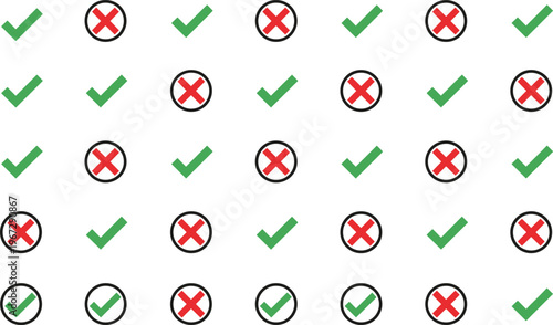 Colorful vector illustration of check and cross icons symbolizing approval, disapproval, correctness, and error indicators