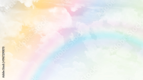 Clear pastel sky with scattered white clouds. This appearance is due to the scattering of sunlight by particles in the atmosphere and within the clouds themselves. 