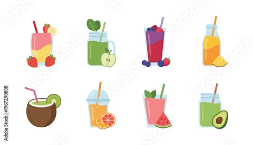 A colorful illustration of various smoothie and juice icons with straws