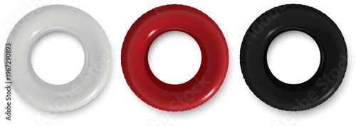 White red black inflatable swimming ring mockup set. Vector 3D plastic lifebuoy isolated on white background. Realistic 3d render for branding product presentation. Air rubber floating accessory icon