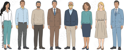 Colorful vector illustration of diverse professionals standing together symbolizing teamwork, workplace diversity, unity, and modern lifestyle