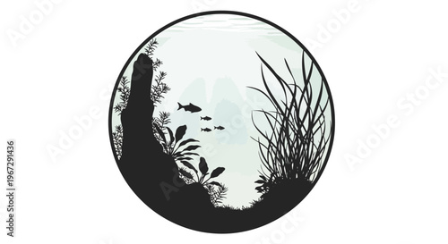 Black silhouette of aquatic plants and fish.