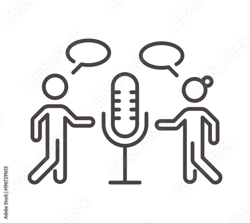 podcast interview recording session clip art icon symbol, live broadcast, communication occupation, isolated outline vector illustration