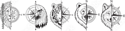 Photography Wild Animal Head Compass Vector Set, Lion Wolf Bear Boar Navigation Tattoo Style