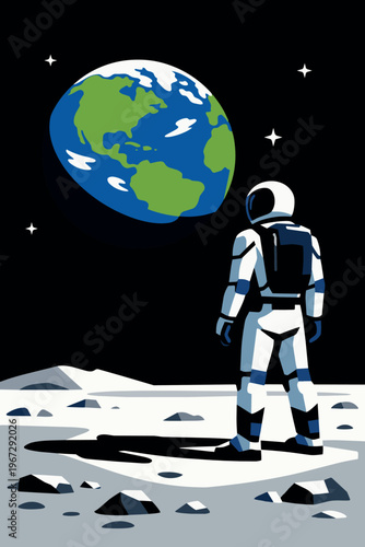 Flat vector illustration of an astronaut in a white spacesuit standing on the rocky lunar surface, looking at planet Earth in the starry black cosmos.