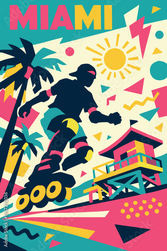Retro Miami travel poster in Memphis pop art style. Silhouette of rollerblader with palm trees and geometric lifeguard tower on a sunny beach.