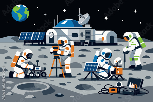 Astronauts performing research and maintenance tasks outside a modular habitat on the moon surface with a rover, solar panels, and Earth background.