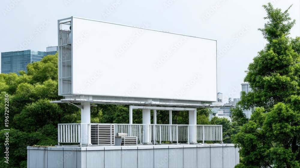 Obraz premium Blank Billboard Mockup on Building Rooftop Surrounded by Trees in an Urban Environment for Advertising