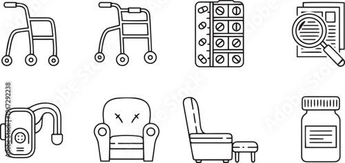 Collection of line depicting medical and mobility aids walker wheelchair pills medication