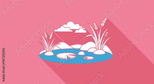 Illustration of a serene pond scene.