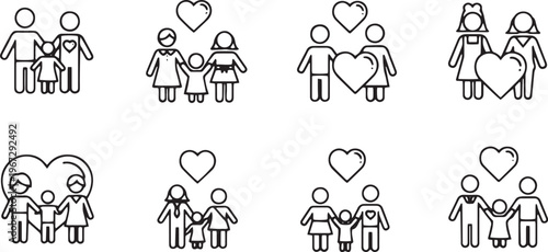 Eight black line of families with hearts above and within family love couple child