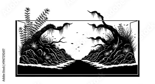 Black and white illustration of aquarium.