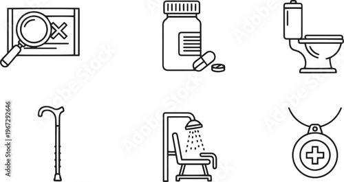 Medical including magnifying glass on document pills toilet cane shower chair and medical pendant medical equipment