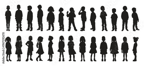 Children silhouettes collection boys and girls standing poses kids childhood people isolated black shape set flat vector illustration.