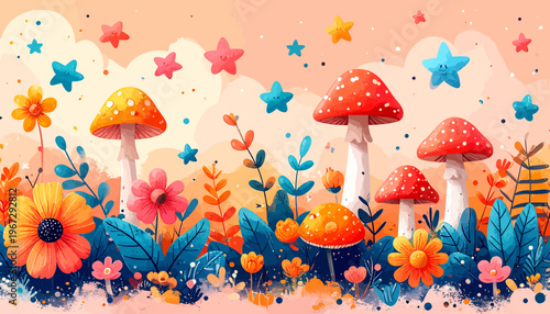 Vibrant fantasy landscape with whimsical mushrooms and colorful flowers under a starry, cloudy sky, evoking a magical dreamland of enchanted natural beauty