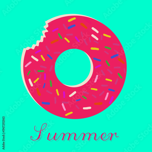 Bright inflatable pool float in the shape of a bitten donut with colorful sprinkles on turquoise background. Summer concept with text. Perfect for vacation, pool party and beach design.