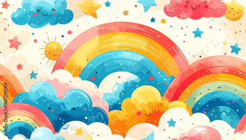 Whimsical Cartoon Sky with Smiling Rainbows, Fluffy Clouds, and Stars - A Joyful, Colorful Background for Children's Designs and Sweet Dreams