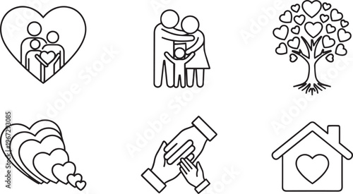 Six black line representing family love and care heart home