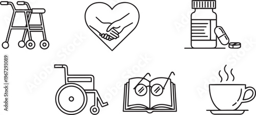 Six black line for healthcare and senior living including walker wheelchair pills book and coffee cup