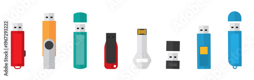 A hand-drawn cartoon illustration of a light blue USB flash drive with doodle elements. Usb flash drives scattered in repeating pattern on white background, Vector illustration.